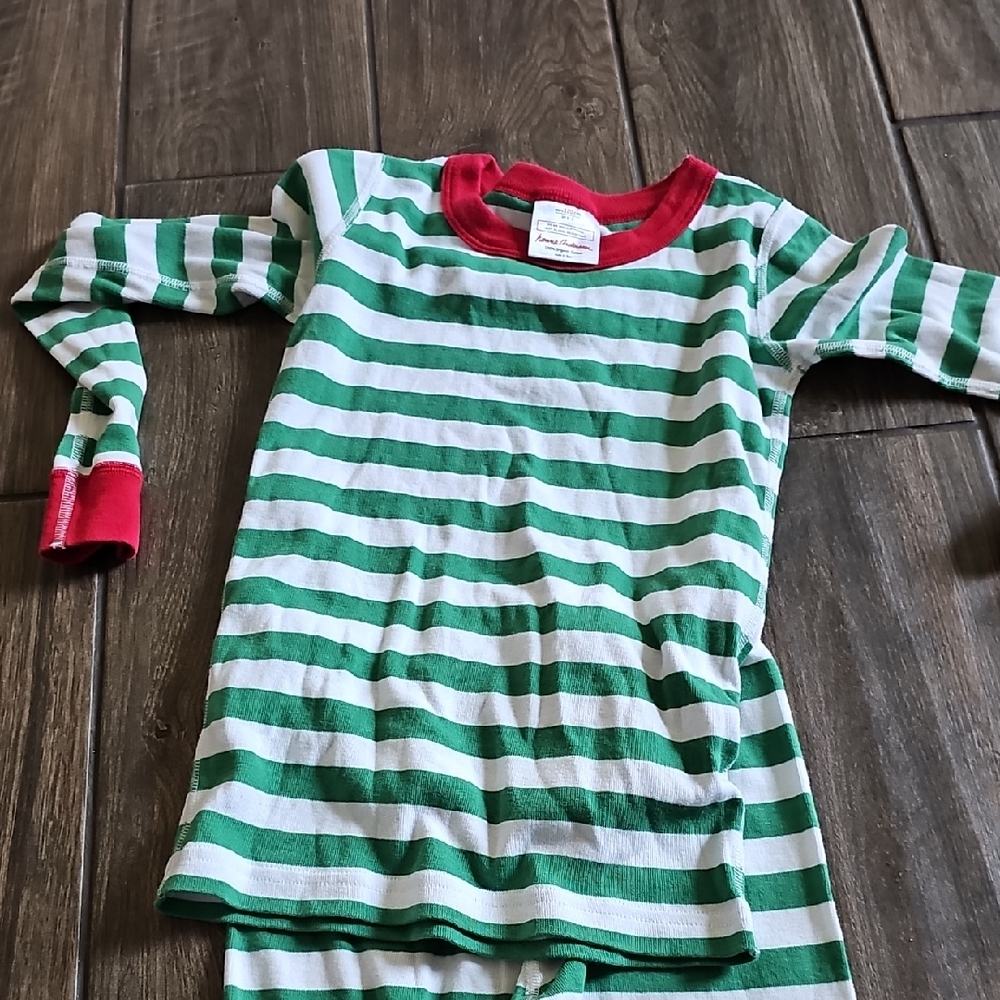 Hanna Andersson Green & White Striped Kids Pajama Set with Red Trim